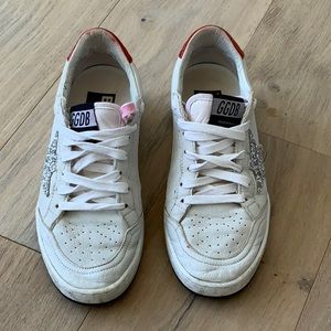 Golden Goose White Ball Star Sneakers - Silver Glitter Star and red accents